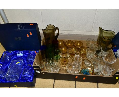 TWO BOXES AND LOOSE GLASSWARE, to include a boxed Bohemian Crystal decanter and four glasses and a boxed Bohemian Crystal set