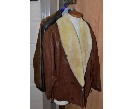 THREE LADIES LEATHER JACKETS AND BAGS, etc, the jackets comprising a St Michael size 10 (38) flying style jacket with sheepsk