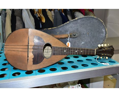 A CASED STRIDENTE EIGHT STRING MANDOLIN (missing two strings and crack to back), together with HMV Garrard record player, No.