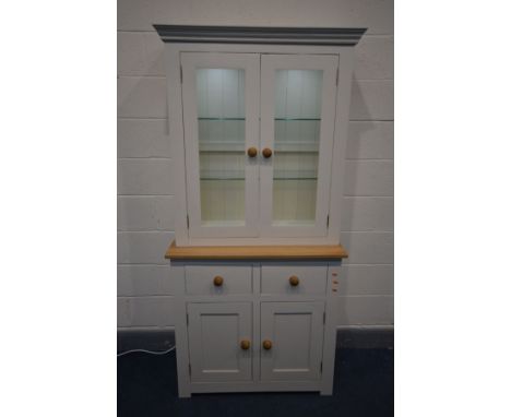 A PARTIALLY PAINTED AND OAK DISPLAY CABINET, with double glazed doors, led lighting, and two drawers, width 91cm x depth 44cm