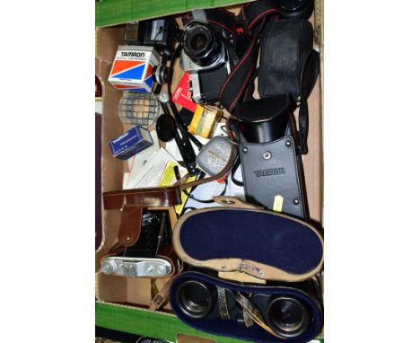 A BOX OF PHOTOGRAPHIC EQUIPMENT, to include a Pentax Sp100 SLR film camera with Pentax 55mm f2 and 28mm f3.5 lenses, Tamron 8