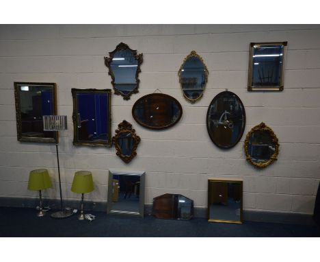 TWELVE VARIOUS WALL MIRRORS of various styles, sizes, ages and materials, along with a modern standard lamp and a pair of tab