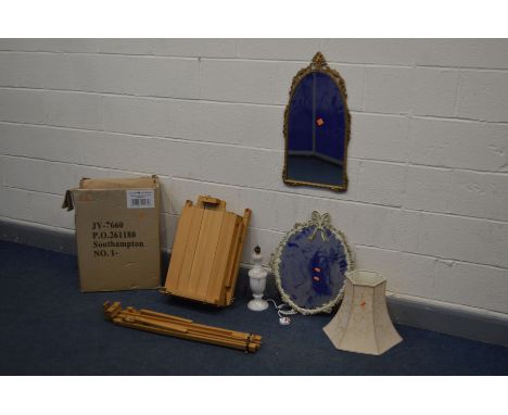 A DALER ROWNEY SAILSBURY SKETCHING ARTIST EASEL, with original box, another artist easel, two metal framed wall mirrors and a