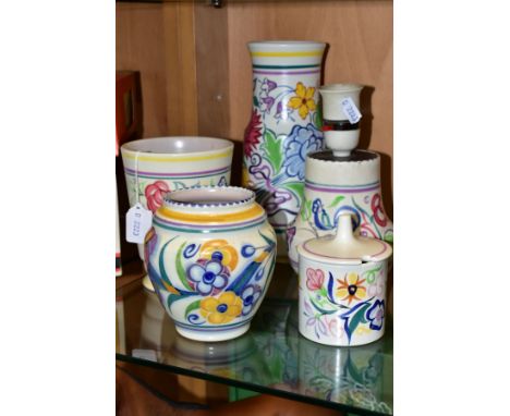 FIVE PIECES OF POOLE POTTERY, comprising three various vases including traditional LE pattern vase, height 14cm, a traditiona