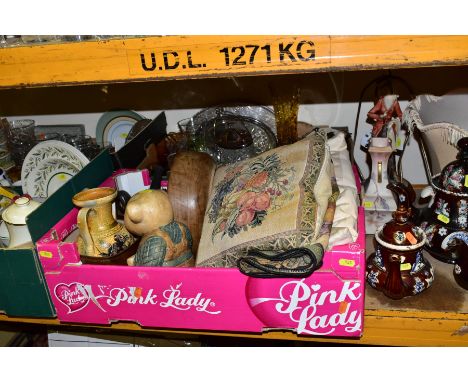 FOUR BOXES AND LOOSE CERAMICS, GLASSWARE, TEXTILES, TREEN, etc, including two Victorian Measham bargeware teapots, both a.f.,