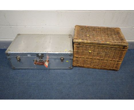 A STAINLESS STEEL TRAVELLING TRUNK, and a wicker blanket chest (2)