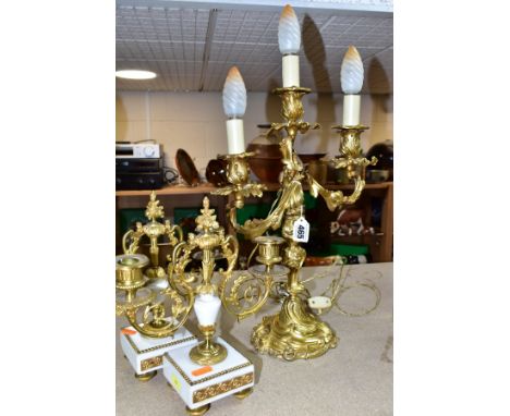 A GILT METAL TABLE LAMP IN THE FORM OF A THREE LIGHT CANDELABRA, height approximately 45cm excluding bulbs, together with a p