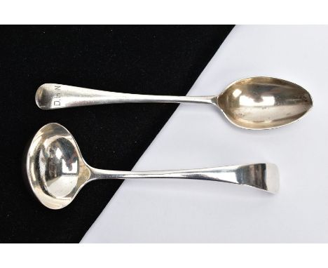 A SILVER TEASPOON AND A SILVER SAUCE LADLE, the teaspoon of an old English pattern, engraved initials to the handle, hallmark