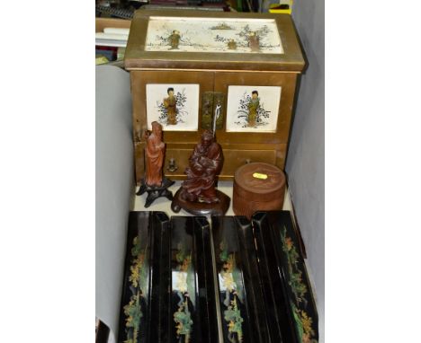 CHINESE DECORATIVE WOODEN ITEMS, comprising four Mah-Jong tile racks, black lacquer and painted decoration, jewellery box wit
