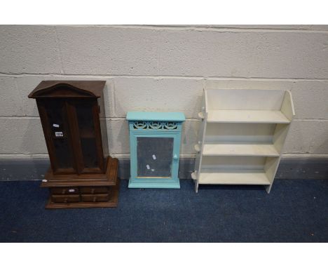 A SMALL HARDWOOD TWO DOOR CABINET, width 36cm x depth 31cm x height 65cm, hanging wall cabinet and  hanging shelf (3)