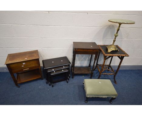 A QUANTITY OF OCCASIONAL FURNITURE, to include an oak sewing box, dark oak nest of three tables, oak barley twist cutlery cab