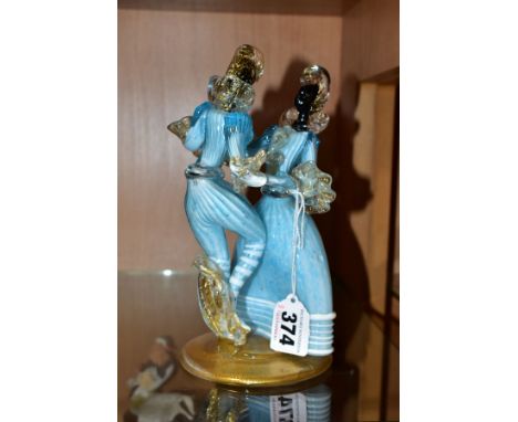 A MURANO GLASS FIGURE GROUP OF A LADY AND GENTLEMAN DANCING, blue and white costume with clear and gilt circular base and det