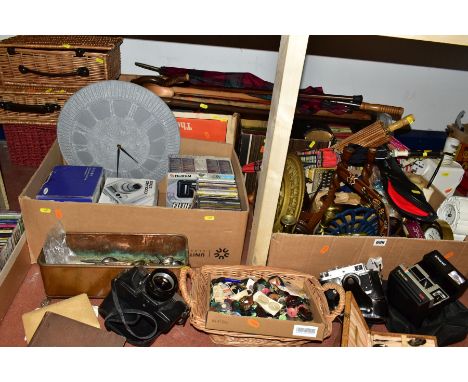 FIVE BOXES AND THREE SMALL WICKER BASKETS OF BOOKS, METALWARES, etc, including buttons, walking sticks, vintage children's bo