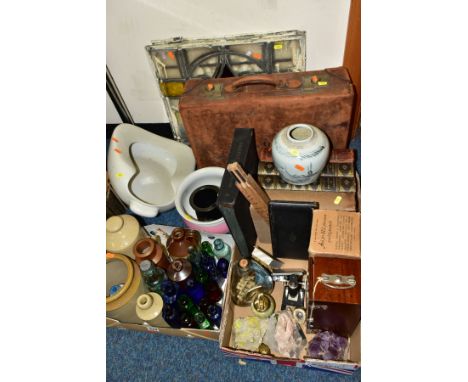 TWO BOXES AND LOOSE, VINTAGE BOTTLES, BOOKS, ETC, including a boxed and cased Signalling Equiment Ltd, Students Microscope No
