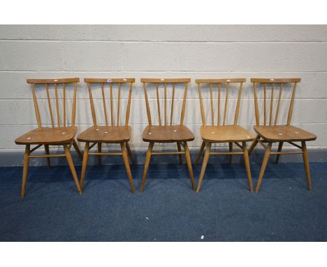 A SET OF FIVE ERCOL ELM AND BEECH ALL PURPOSE CHAIRS, model 391 (condition- two chairs with darker seats, some fluid staining