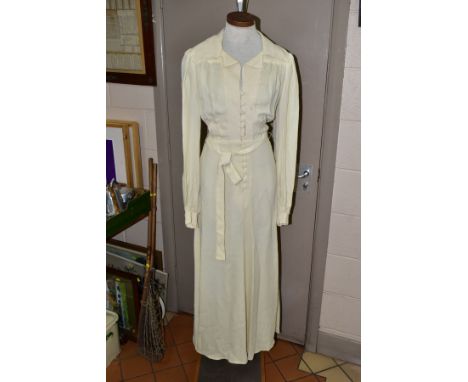 OSSIE CLARK FOR RADLEY, a Moss Crepe cream ankle length dress, size 34, wing collar, long pleated sleeves with button fasteni