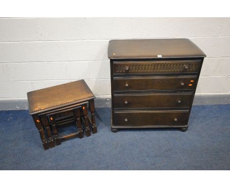 A PRIORY LINENFOLD DARK OAK CHEST OF FOUR, nest of three tables, four mahogany splat back chairs (Sd, losses), child's oak st