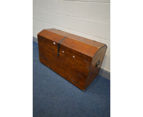 A REPRODUCTION HARDWOOD DOMED TOP TRUNK, with iron hinged and handles, width 100cm x depth 48cm x height 61cm (condition-Sd t