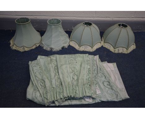 A PAIR OF GREEN DOMED TABLE LAMP SHADES, two other green shades, and a pair of green curtains (5)