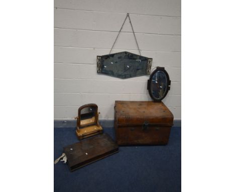 A VINTAGE TIN TRUNK,  a Victorian walnut toilet mirror, oak cutlery unit and two wall mirrors (5)