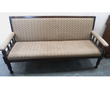 Late 19th century stained wood parlour or hall sofa, with later upholstery, on turned and block supports, 96cm high, 187cm wi