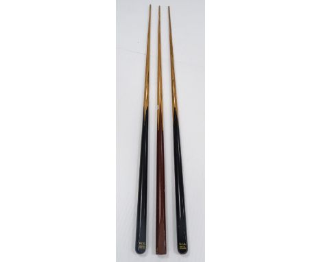 Snooker &amp; Billiards Interest - Two ebony and ash single-piece cues by BCE of Bristol, and another single-piece ash cue.&n