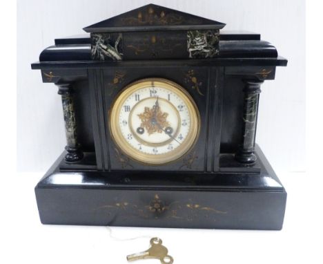 Victorian black slate and marble mantel clock of architectural form, with marble column pillars, twin train dial, brass-coate