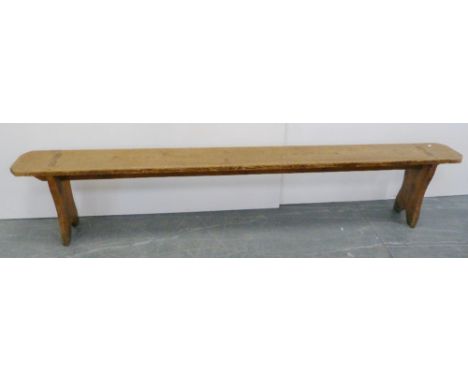 Victorian pitch pine bench with jointed rectangular top section, 46cm high, 239cm long and 23cm deep.