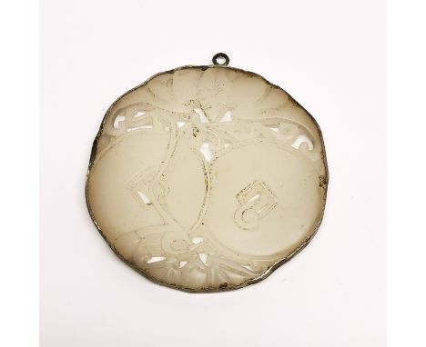 A Chinese white metal mounted carved mutton fat jade pendant of two 'Cash and Bats'.