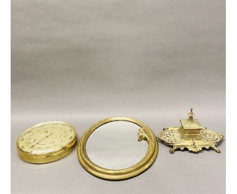 A brass inkstand, Art Noveau style mirror and barometer.