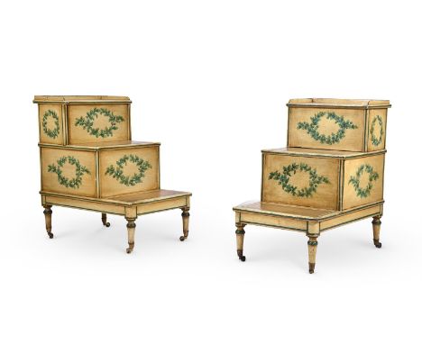 A PAIR OF PAINTED LIBRARY OR BED STEPSONE EARLY 19TH CENTURY, THE OTHER 20TH CENTURYThe 19th century steps with a hinged top 