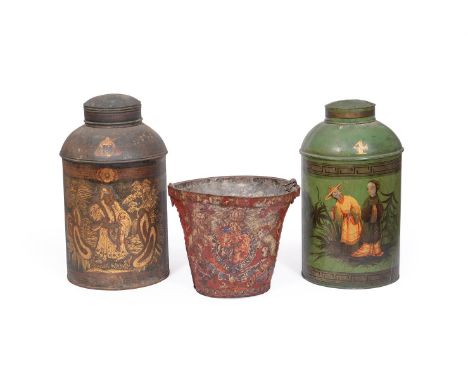 A RED PAINTED LEATHER FIRE BUCKET 19TH CENTURY With armorial decoration of Royal coat of arms, 26cm high (lacking strap)TOGET