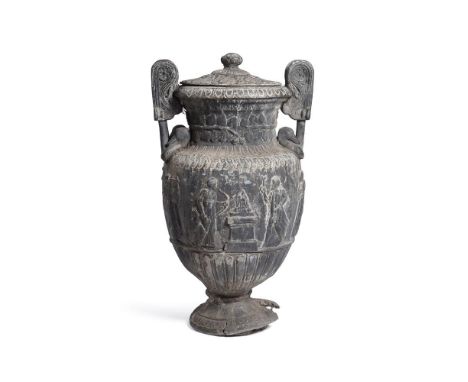 A LARGE TWIN HANDLED LEAD GARDEN URN  POSSIBLY FRENCH, LATE 19TH/EARLY 20TH CENTURY  Of Hellenistic krater form, swan head de