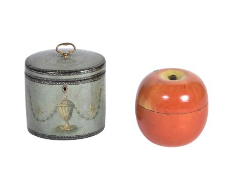 A GEORGE III PAINTED PAPIER MÂCHÉ TEA CADDY CIRCA 1790 In the manner of Clay, oval form with urn and swag painted decoration1