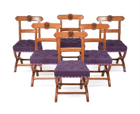 A SET OF SIX VICTORIAN OAK CHAIRSMADE BY CRACE TO DESIGNS BY A.W.N. PUGIN, CIRCA 1880each chair 90cm high, 49cm wide, 52cm de