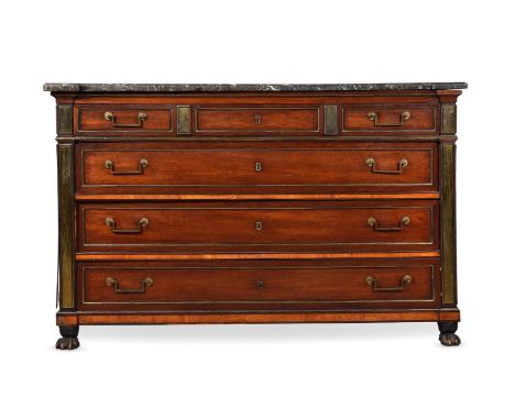 QUEEN MARY'S DIRECTOIRE MAHOGANY AND BRASS MOUNTED COMMODE LATE 18TH/EARLY 19TH CENTURY With variegated grey marble top, the 