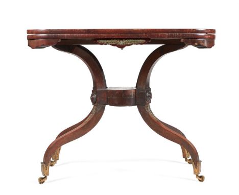 Y A REGENCY ROSEWOOD, CROSSBANDED AND BRASS MOUNTED TEA TABLE IN THE MANNER OF GEORGE OAKLEY, CIRCA 1815 The folding top open