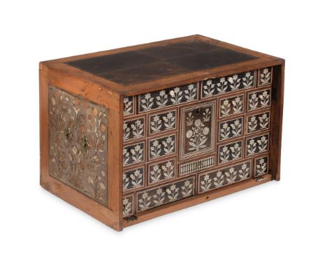 Y AN INDIAN ROSEWOOD AND BONE INLAID TABLE CABINET 18TH CENTURY The front with an arrangement of drawers48cm high, 73cm wide,