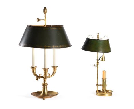 A FRENCH GILT METAL AND TOLE BOUILLOTE LAMP19TH CENTURYNow fitted as a twin-light67cm highTOGETHER WITH A STEEL AND BRASS STU