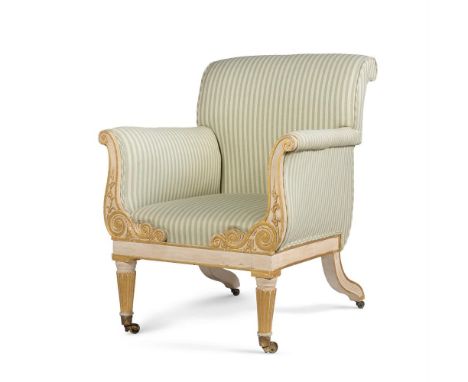 A GEORGE III PAINTED AND PARCEL GILT ARMCHAIRIN THE MANNER OF MOREL & SEDDON, CIRCA 1800Upholstered in green and white chevro