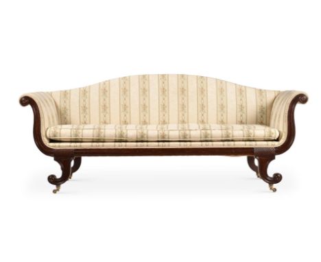 A REGENCY MAHOGANY AND UPHOLSTERED SOFA CIRCA 1815 85cm high, 215cm wide, 63cm deep Condition Report: Marks, knocks, scratche