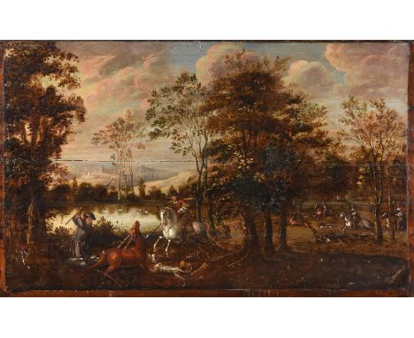 DUTCH SCHOOL, 18TH CENTURYA HUNTING PARTY IN A WOODED LANDSCAPEOil on panel, unframed91 x 150cm (35¾ x 59 in.)Provenance:Most