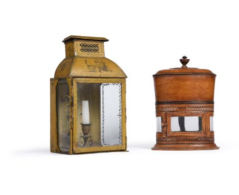 A YELLOW GROUND TOLE PEINTE LANTERN EARLY 19TH CENTURY 21cm wide, 34cm high, 16cm deepAND A LANTERN OR WARMER19TH CENTURY Hot