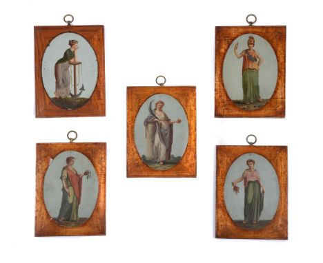 A SET OF FIVE GEORGE III TOLE PEINTE PANELS  LATE 18TH CENTURY  Depicting women in mythological guises, four with later ink l