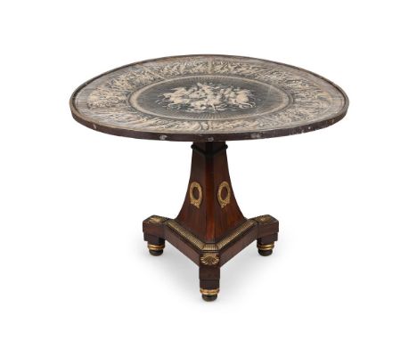 A MAHOGANY AND GILT METAL MOUNTED 'WELLINGTON' CENTRE TABLECOMPRISING CIRCA 1820 AND LATER ELEMENTSThe table top with Thomas 