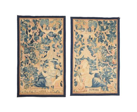 A PAIR OF TAPESTRY PANELS EMBLEMATIC OF HOPE AND JUSTICE PROBABLY FLEMISH, LATE 17TH/EARLY 18TH CENTURY Of opposing form with