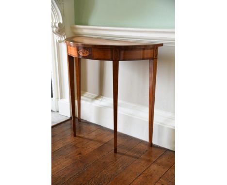 Y A GEORGE III SATINWOOD, TULIPWOOD, BURR YEW AND MARQUETRY DEMI-LUNE CONSOLE TABLE CIRCA 1790 83.5cm high, 85cm wide, 41.5cm