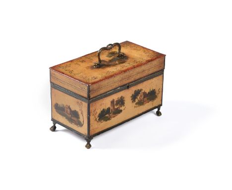A RARE GEORGE III PONTYPOOL TOLE PEINTE TEA CADDY CIRCA 1790 The body and triple compartmented interior decorated with pastor