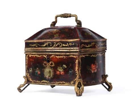 A CONTINENAL TOLE PEINTE TEA CADDY OF BAROQUE FORM EARLY 19TH CENTURY Three lidded compartments to interior, pierced feet16.5