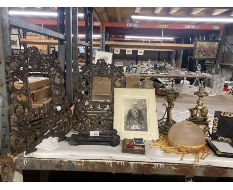 TWO CAST FRAMES, A CAST LETTER BOX DOOR KNOCKER, BRASS LAMP BASES, LAMP SHADE AND PHOTO FRAMES 